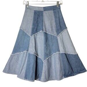 Vintage 70s Denim Patchwork Skirt XS Waist 25” Knee Length Back Zipper
